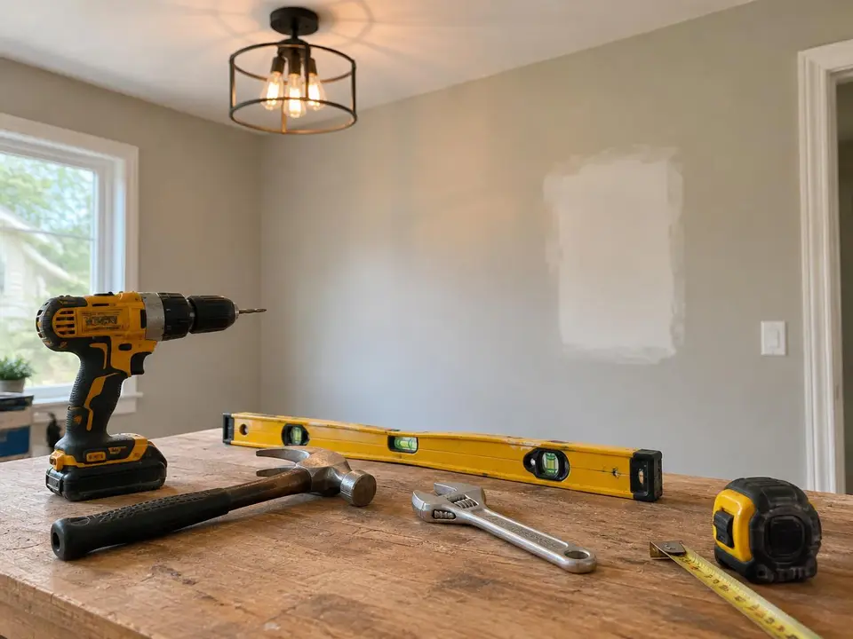 Cordless drill, hammer, level, and wrench on a workbench beside a patched wall and new light fixture